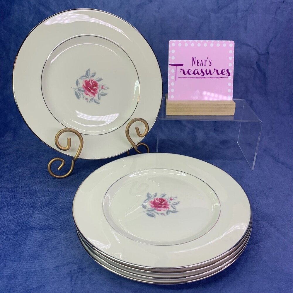 Flintridge China DELROSE Pink Rose Gray Leaves Platinum Trim Salad Plates Set 5